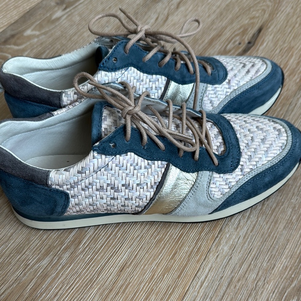 Woven Sneakers with Blue and Gold Details